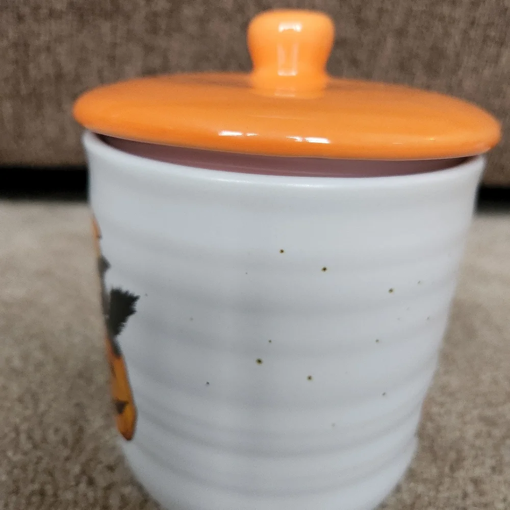 Halloween black cat canister jar with lid cobwebs and cauldrons
